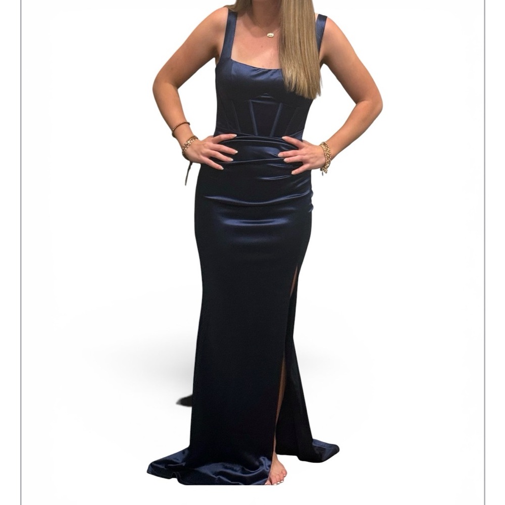 Windsor Midnight Blue Satin Square-Neck Gown